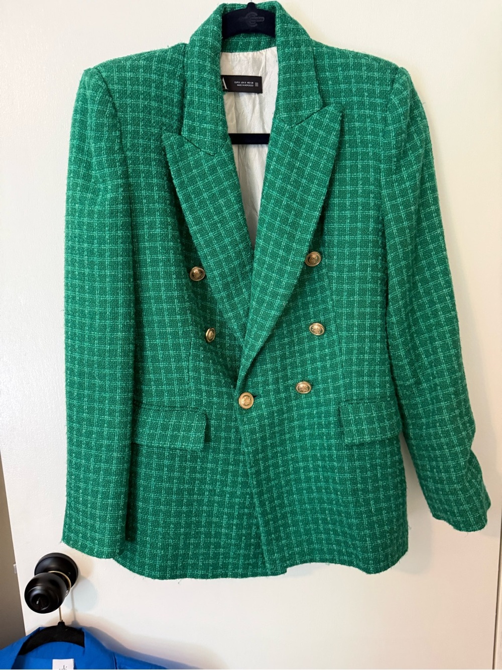 Zara Emerald Green Tweed Double-Breasted Blazer with Gold Buttons